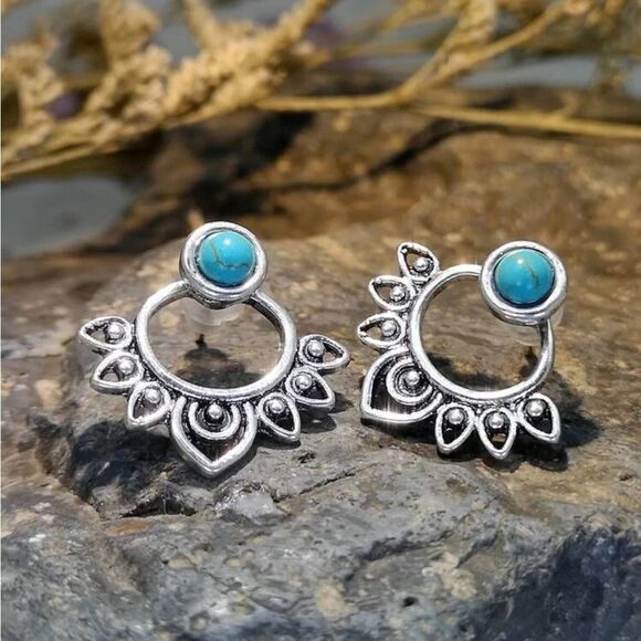Simple Earring Jackets with fake turquoise stones - Picture 2 of 9